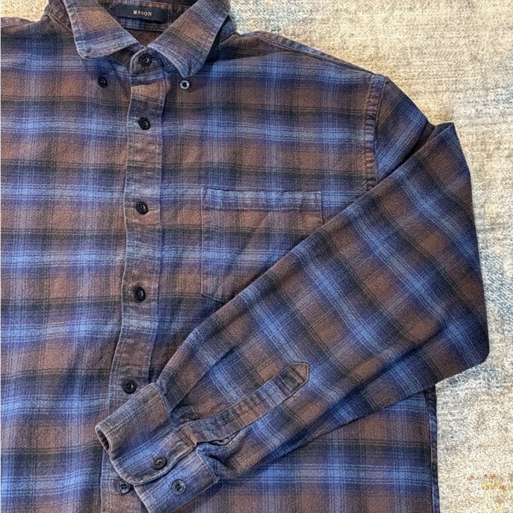 Mason Men's Blue and Brown Checkered Shirt